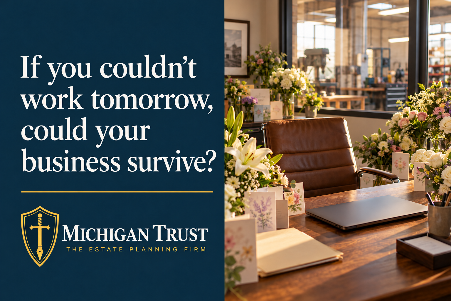 Michigan Trust business-continuity message beside an empty office chair surrounded by flowers and cards