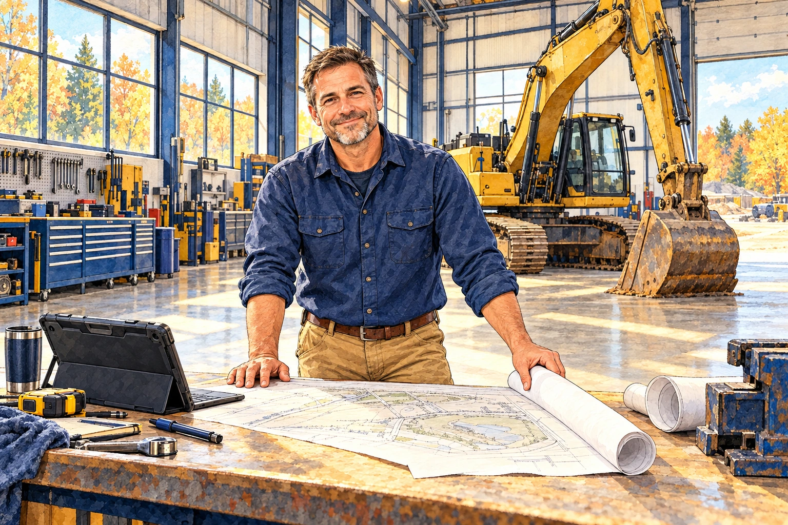 Watercolor illustration of an excavating company owner reviewing site plans at a workbench in his bright, well-kept equipment shop