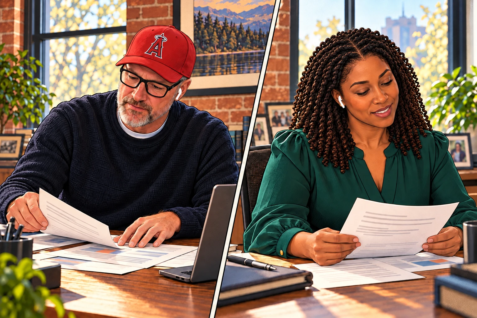 Eric and the receptionist wearing AirPods while comparing the design worksheet and drafts