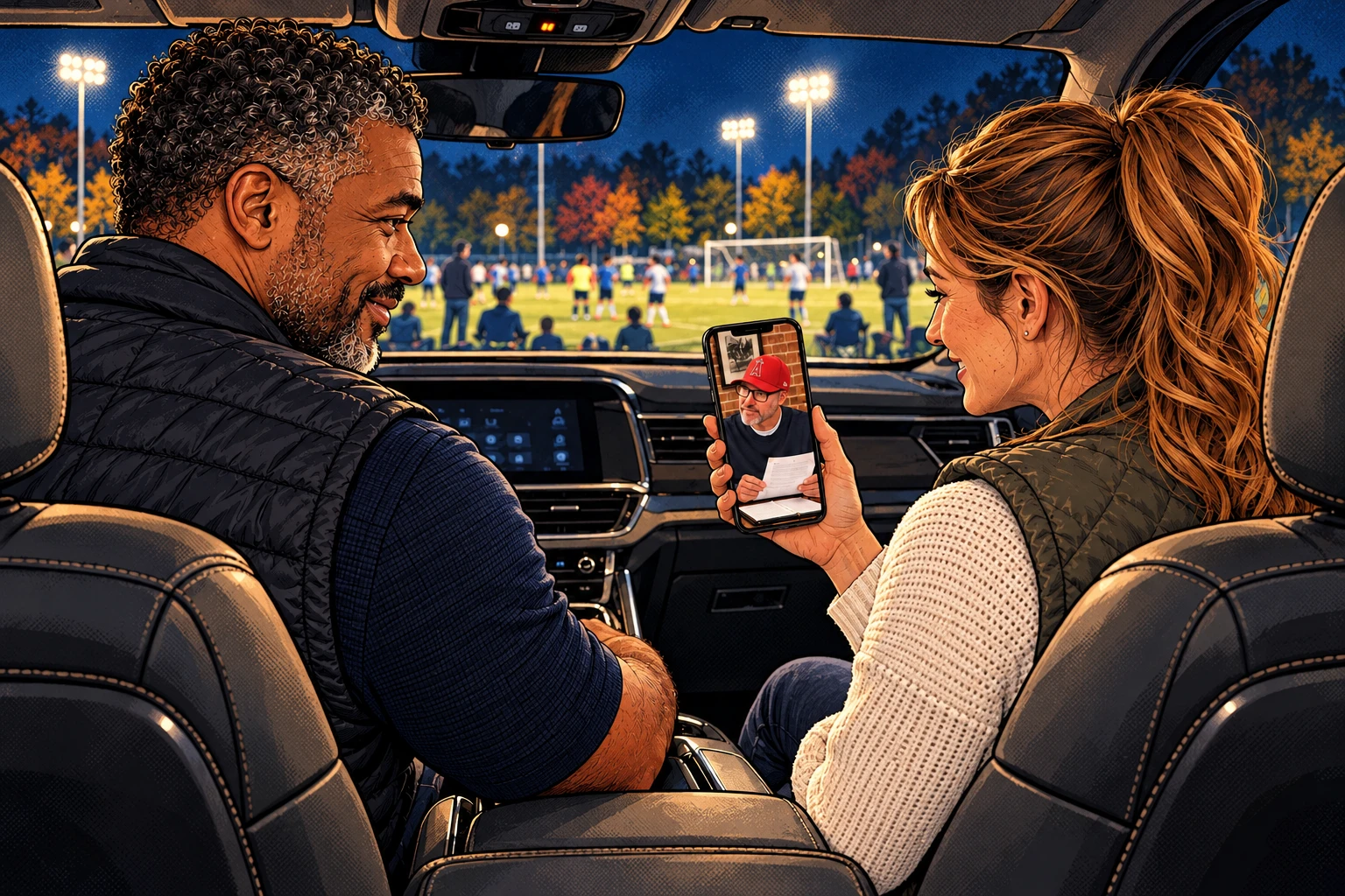 Illustration of Jack and Jill reviewing their plan by video from their parked car
