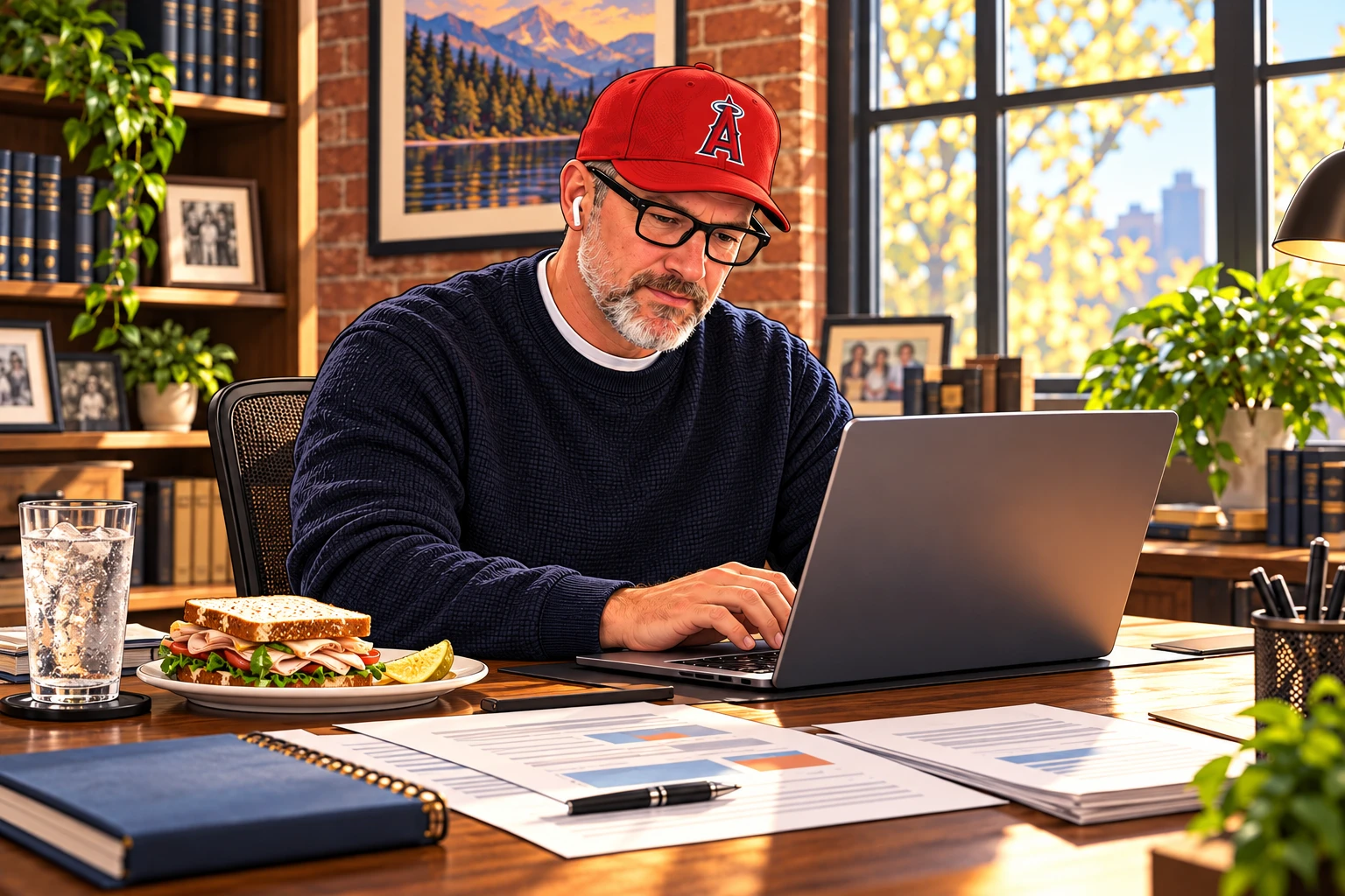 Illustration of Eric working through trust drafts at his computer with lunch nearby