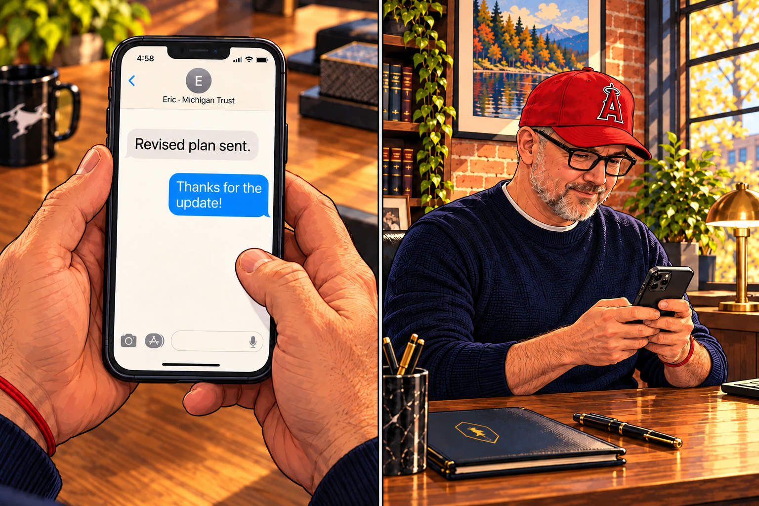 Split-screen illustration of Eric texting his clients and their phone showing: Revised plan sent. Thanks for the update!