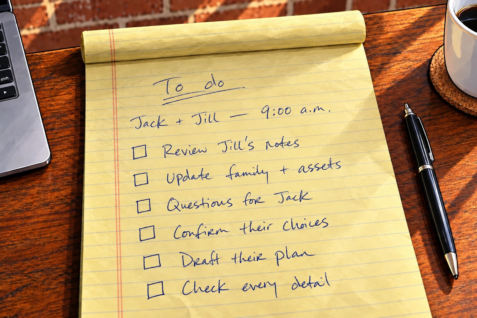 Eric’s handwritten task list on a yellow legal pad: review Jill’s notes, update family and assets, questions for Jack, confirm their choices, draft their plan, and check every detail.