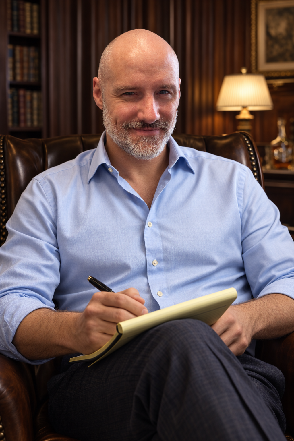 Eric Ruth seated with a notepad, wearing a light blue shirt