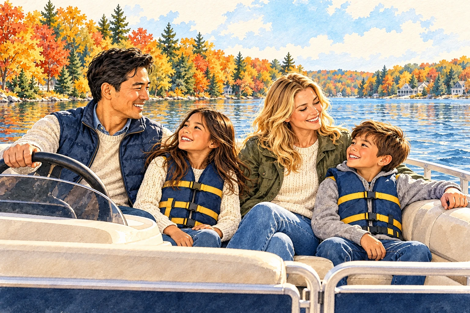 Watercolor family boating on an autumn Michigan lake: an Asian father, blonde white mother, daughter and son