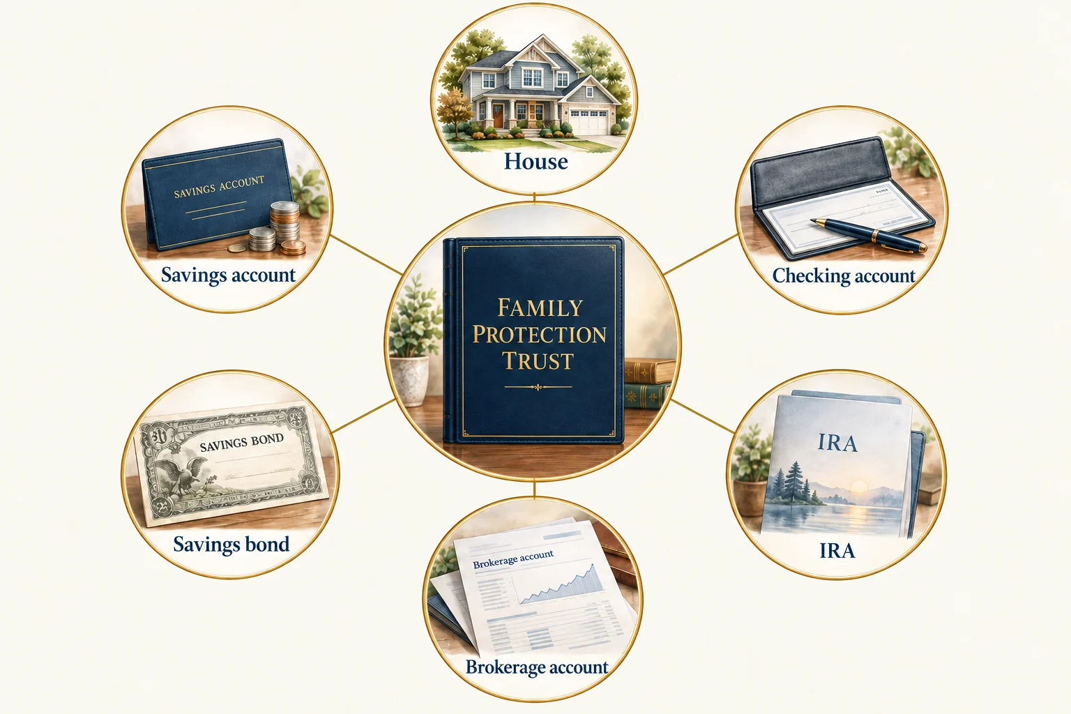 A house, checking account, IRA, brokerage account, savings bond, and savings account connected to a Family Protection Trust.