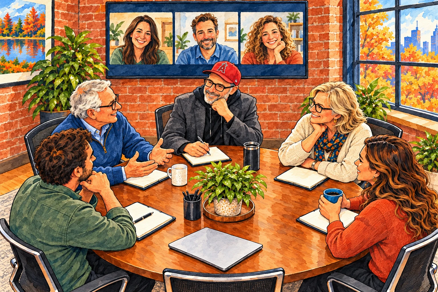 Watercolor cartoon family discussion around a round table, with three illustrated relatives joining on a video-call screen