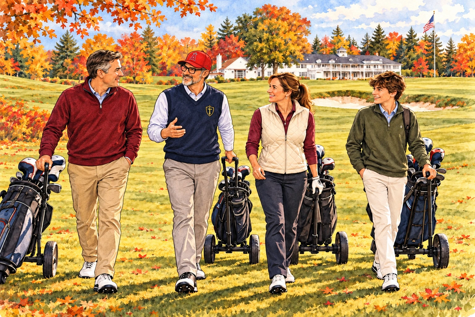 Watercolor of Eric and a family walking an autumn golf course, each pulling their own clubs