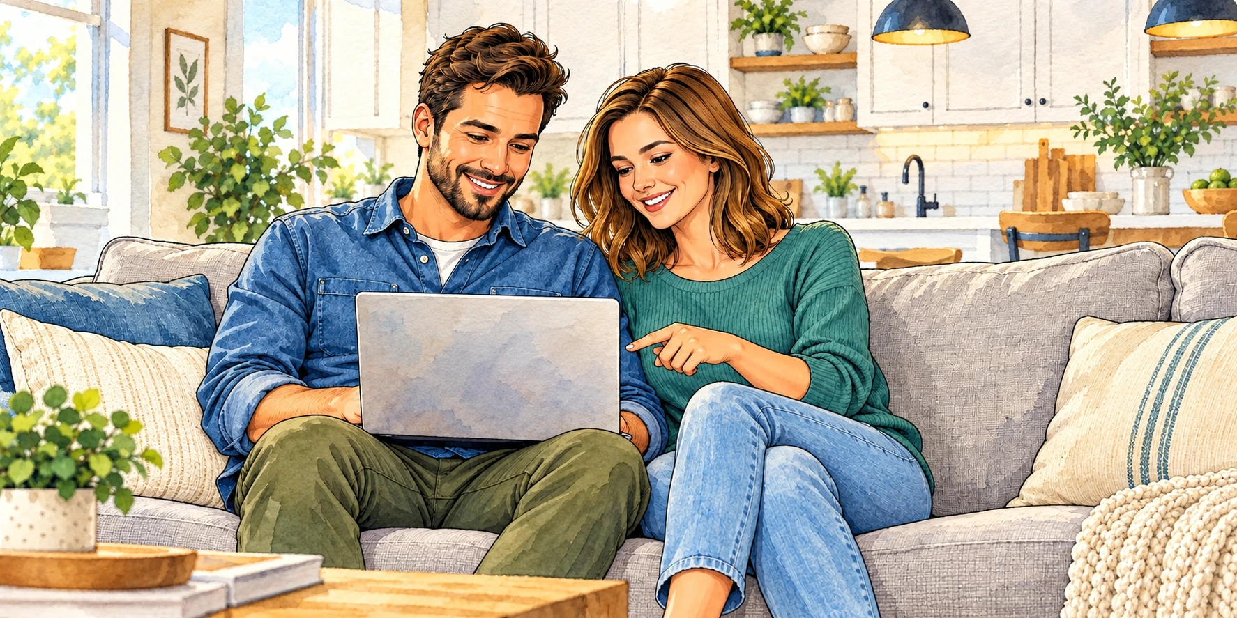 Watercolor couple reviewing their finances at home